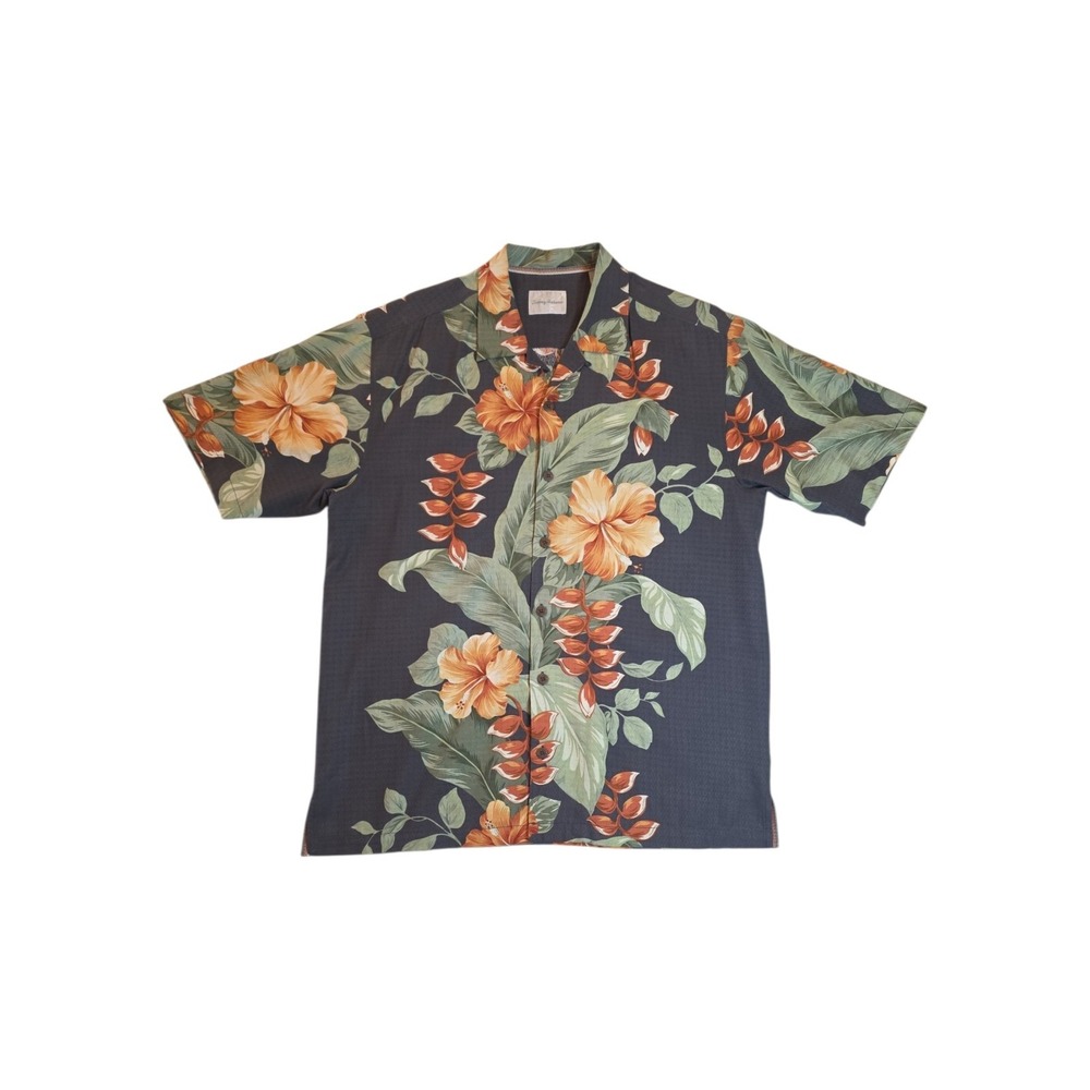 Tommy Bahama Hawaiian Camp Shirt Mens M Black Silk Floral Tropical Button Up